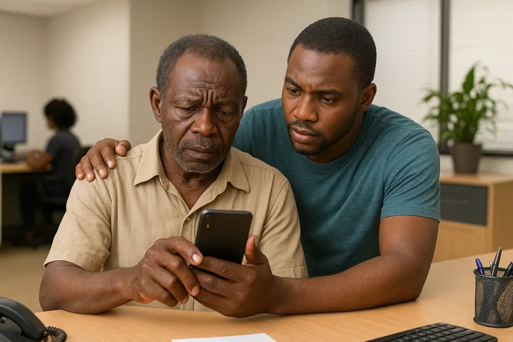 "An elderly African man struggling to operate a mobile phone while his adult son patiently assists him in an office setting during a registration process."
