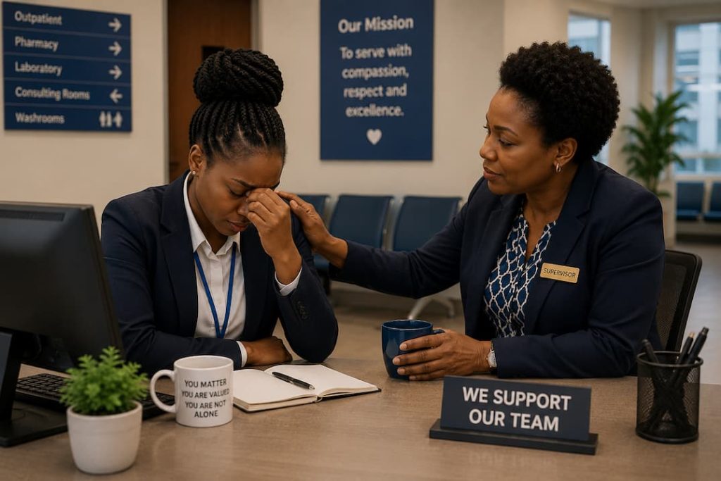 Supervisor supporting a customer service employee after handling an aggressive customer.