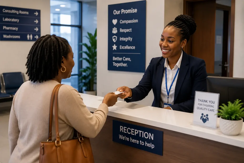 Confident customer service professional welcoming a customer with a warm smile at a reception desk.