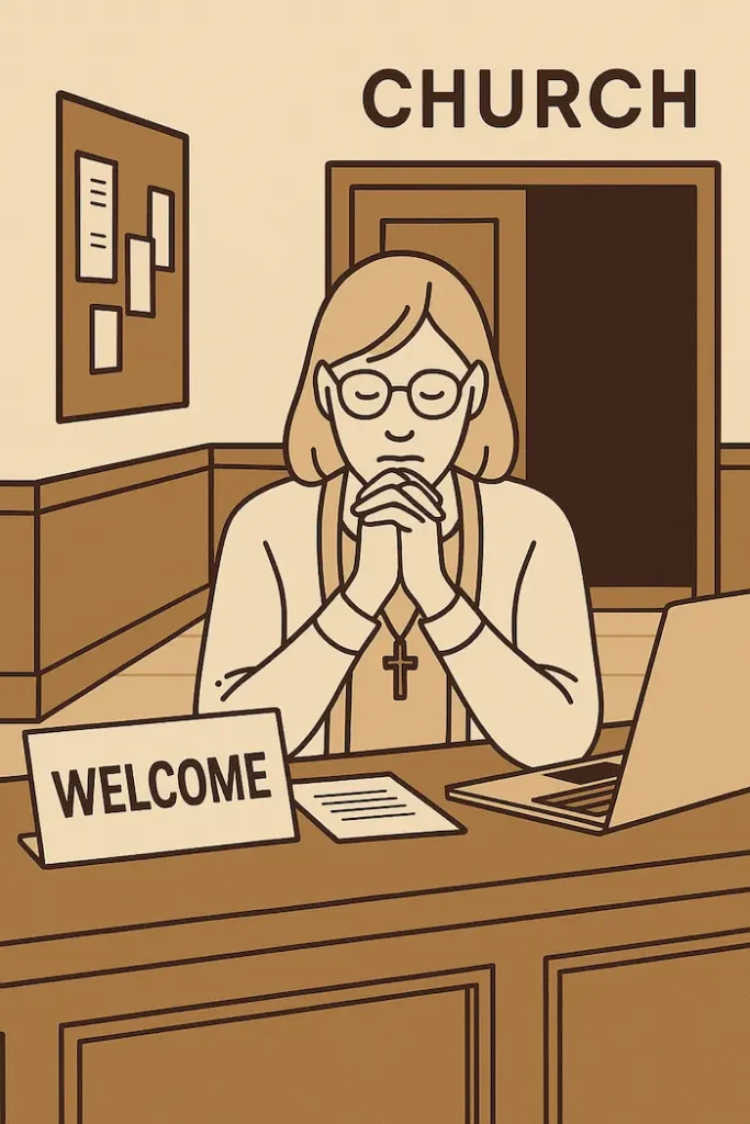 Illustration of a church receptionist praying at a front desk with a “WELCOME” sign, laptop, and cross necklace, symbolizing church front desk stories.