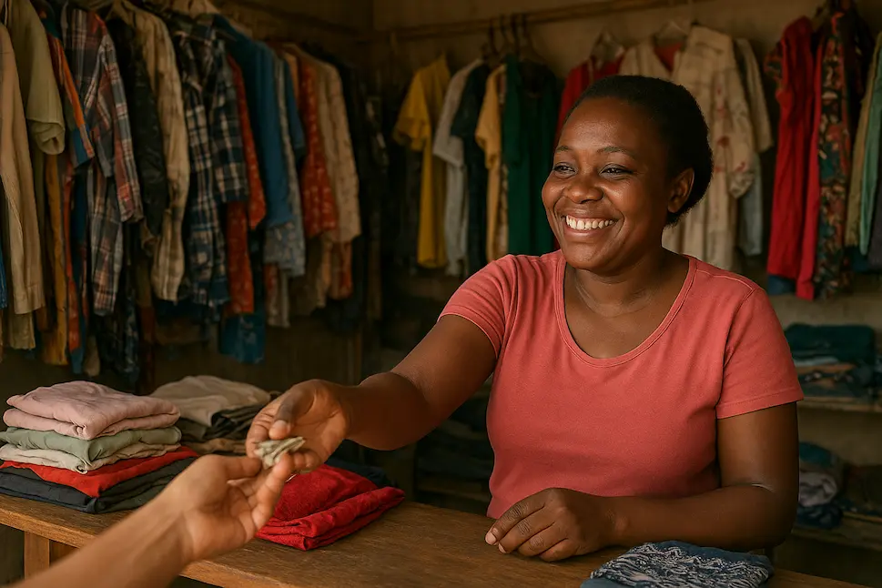 A Kenyan woman standing inside a small shop filled with second-hand clothes, smiling as she serves a customer — symbolizing the humble beginnings of a customer care journey.
