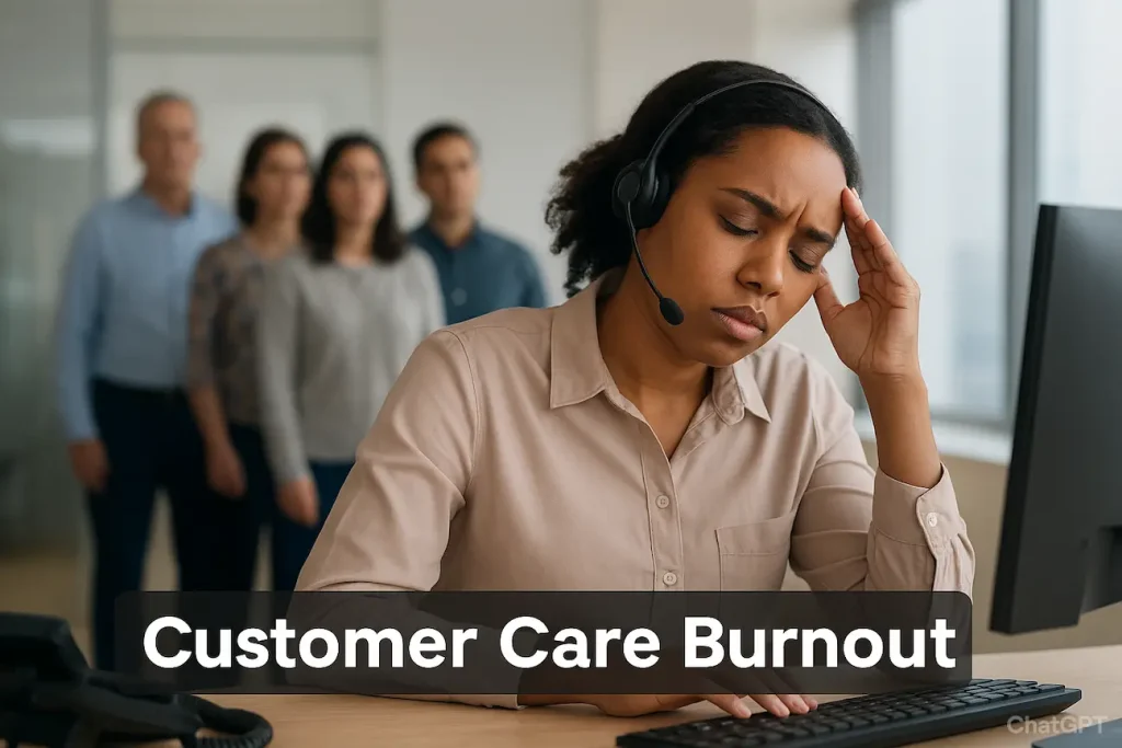 Exhausted customer service representative wearing a headset, resting her head on her hand at a desk while a blurred queue of customers waits behind her, symbolizing customer care burnout.