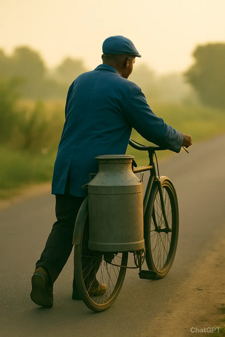 An elderly African man wearing a blue cap and jacket pushes a bicycle with a large milk can along a rural road at sunrise, symbolizing consistency and resilience.