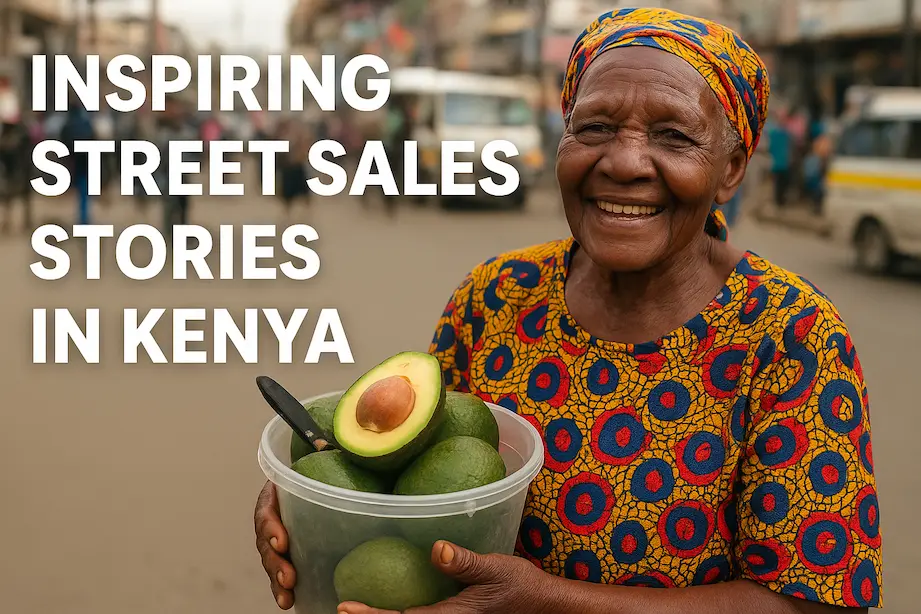 A 77-year-old Kenyan grandmother in a bright kitenge dress selling avocados with a warm smile at a busy Nairobi street market.