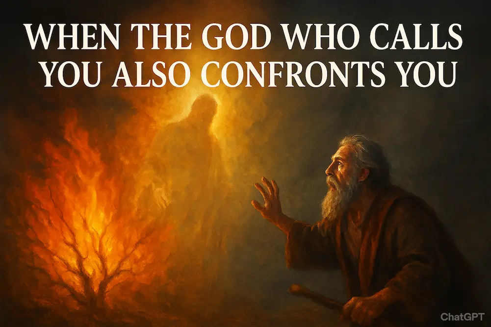 Digital painting of Moses kneeling before a burning bush, reaching toward a glowing divine figure, symbolizing God’s call and confrontation in Exodus.