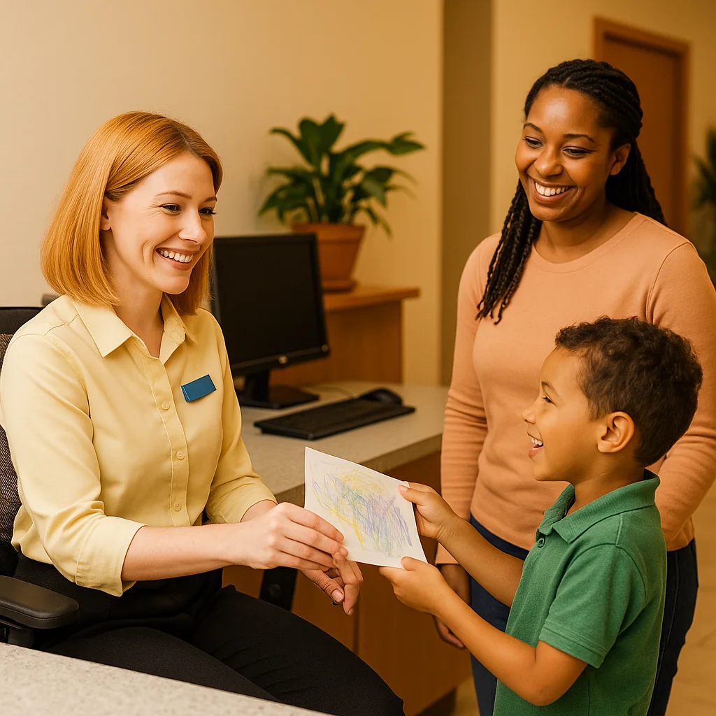 A child surprises a receptionist by pulling a lever on her office chair as the parent smiles nearby—capturing a lighthearted front desk moment that shows how children shape the service experience.