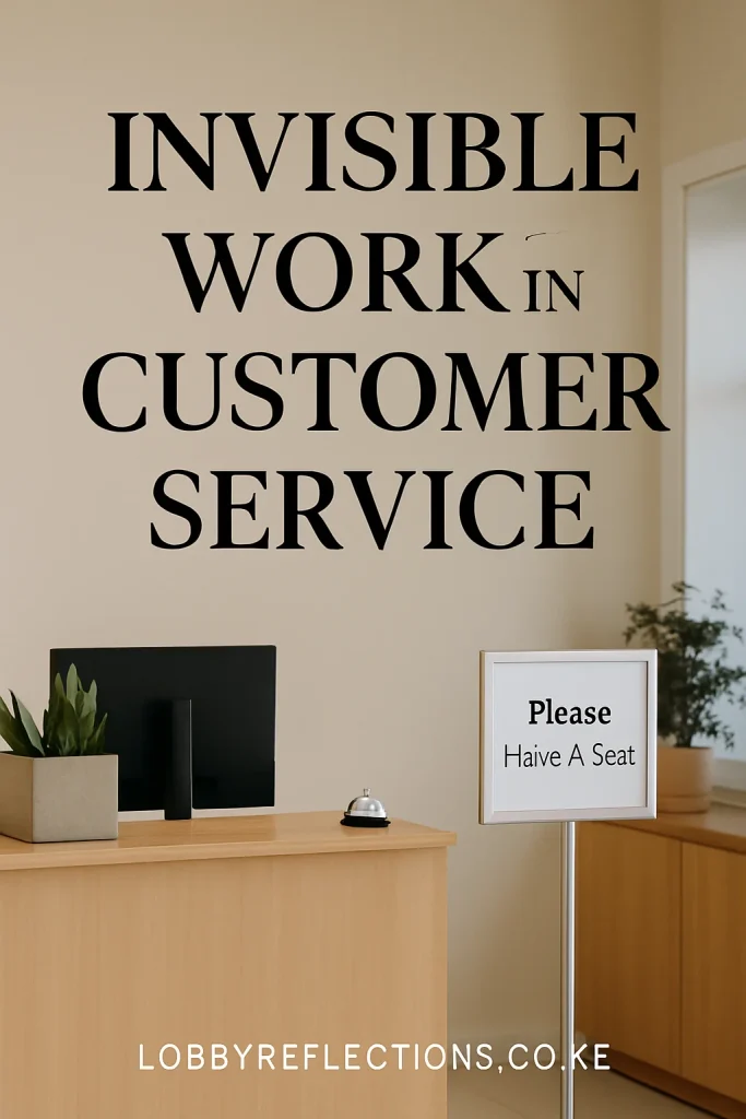 “A clean and organized customer service desk in a well-lit office lobby, with a soft overlay text reading ‘Invisible Work in Customer Service.’ No faces are shown, symbolizing unseen labor.”