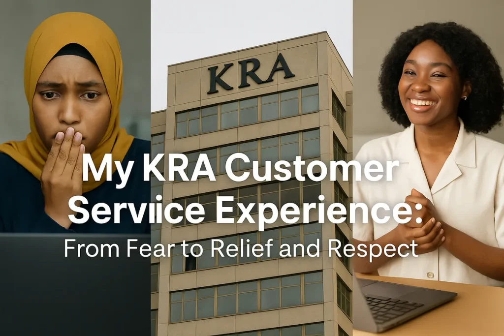 “A visual collage showing an anxious African woman using a laptop, a KRA office building, and a smiling African woman at her desk—illustrating the emotional journey in a KRA customer service experience.”