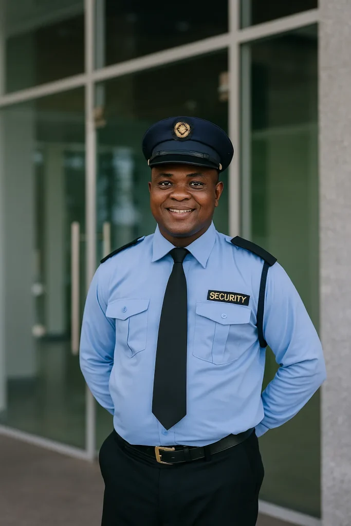 “A confident African security guard smiling in front of a government office building, representing the first point of contact in a typical KRA customer service experience.”