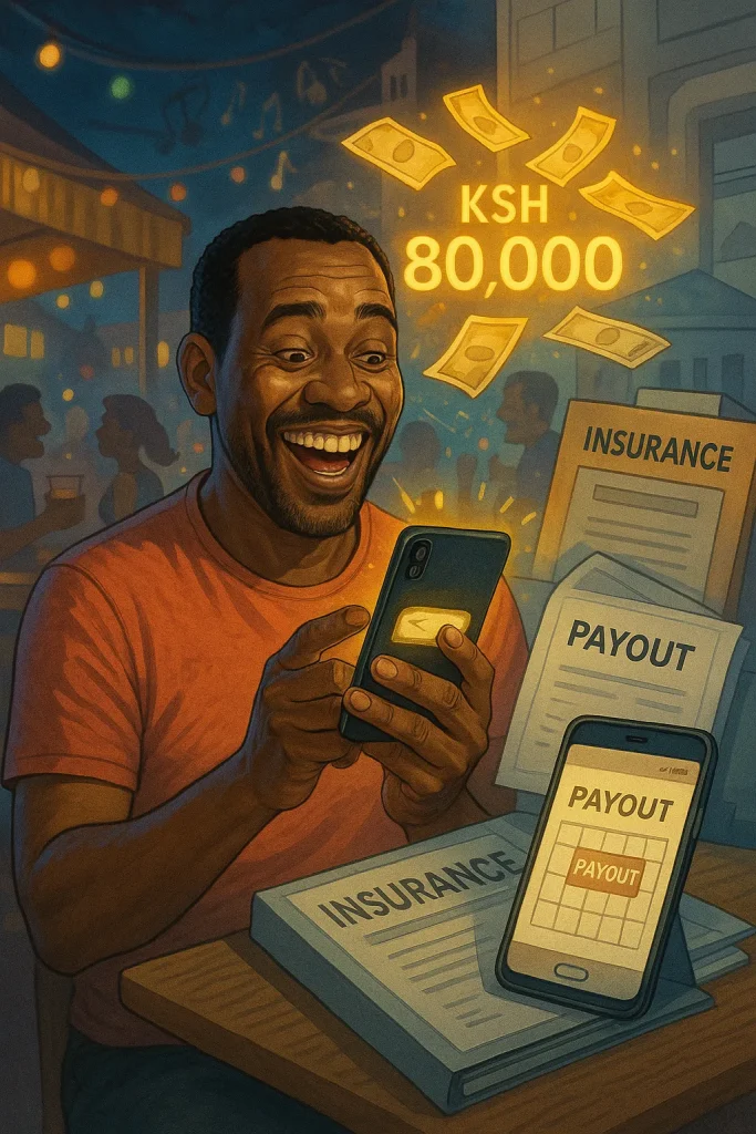 "A happy African man seated at a desk, holding documents and cash, reflecting on a surprising insurance payout."