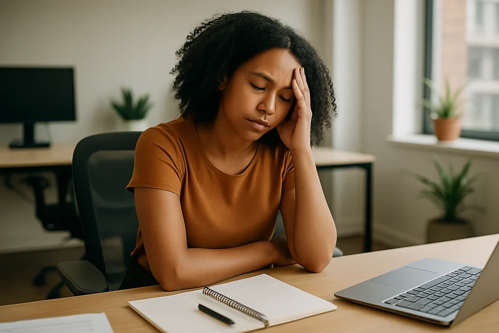 Tired African woman at desk resting her head, representing work fatigue and unfinished tasks