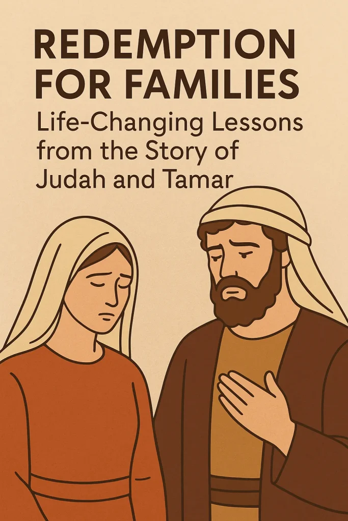 “Illustration of Tamar and Judah’s story, symbolizing family redemption and grace in broken lineage”