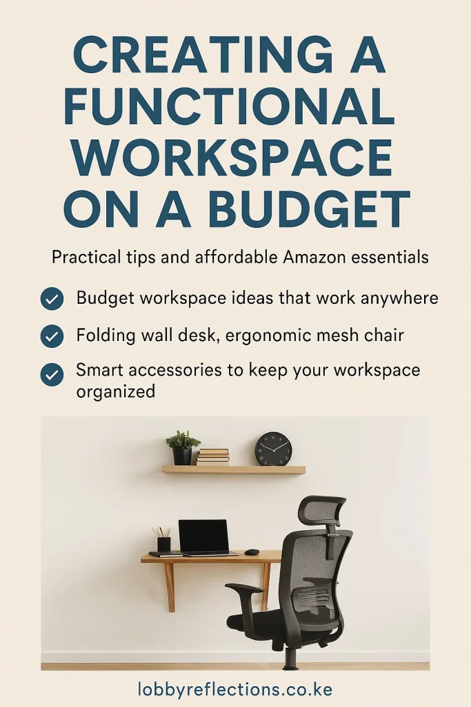 “Minimalist home office with laptop, ergonomic chair, and budget-friendly accessories — ideal for creating a functional workspace on a budget.”