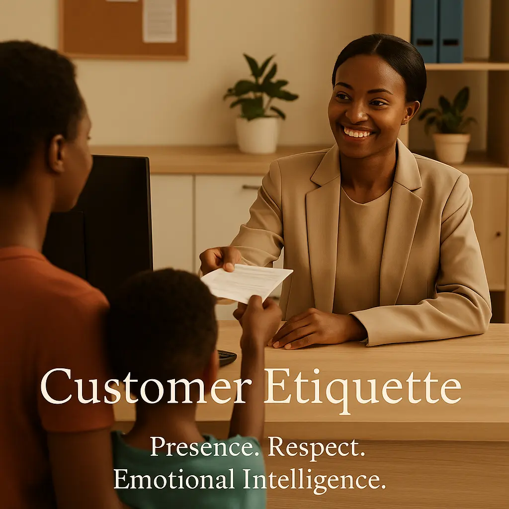 A smiling African receptionist hands a document to a woman with a young boy at a front desk, demonstrating warmth, presence, and respectful customer etiquette.