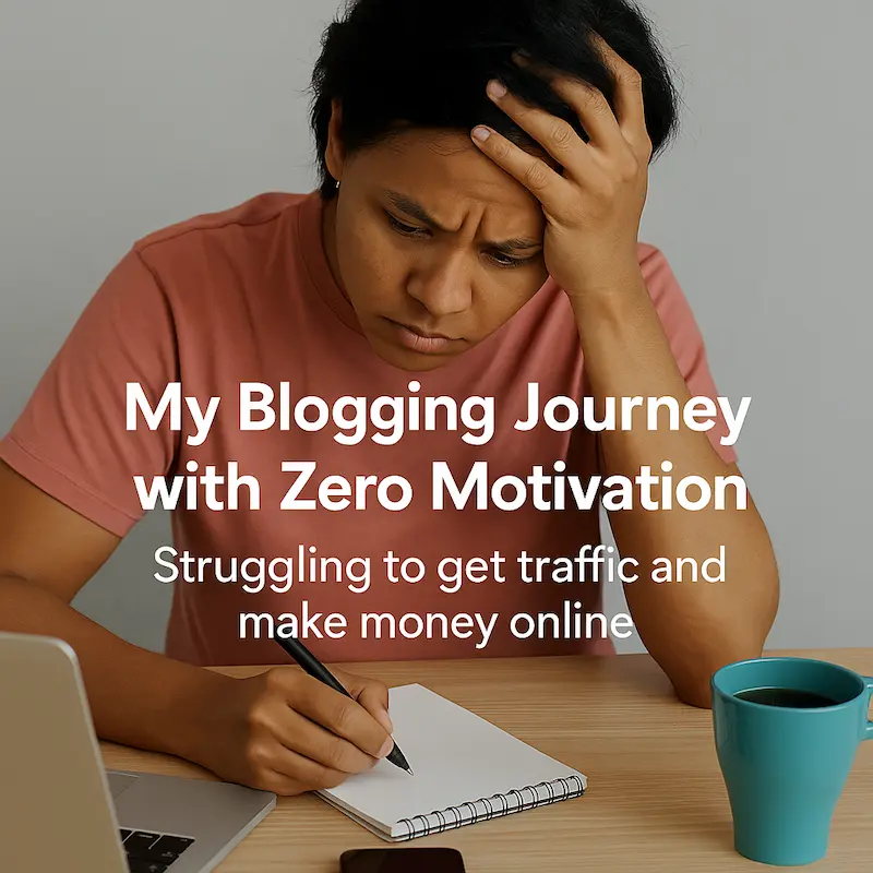 Illustration of a frustrated blogger sitting at a desk with a notebook and laptop, symbolizing zero motivation and blogging struggles.