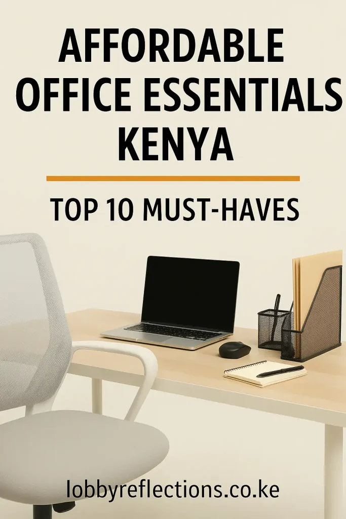 A neatly arranged modern office desk featuring a laptop, wireless keyboard, ergonomic chair, water bottle, and desk organizer — showcasing affordable office essentials in Kenya.