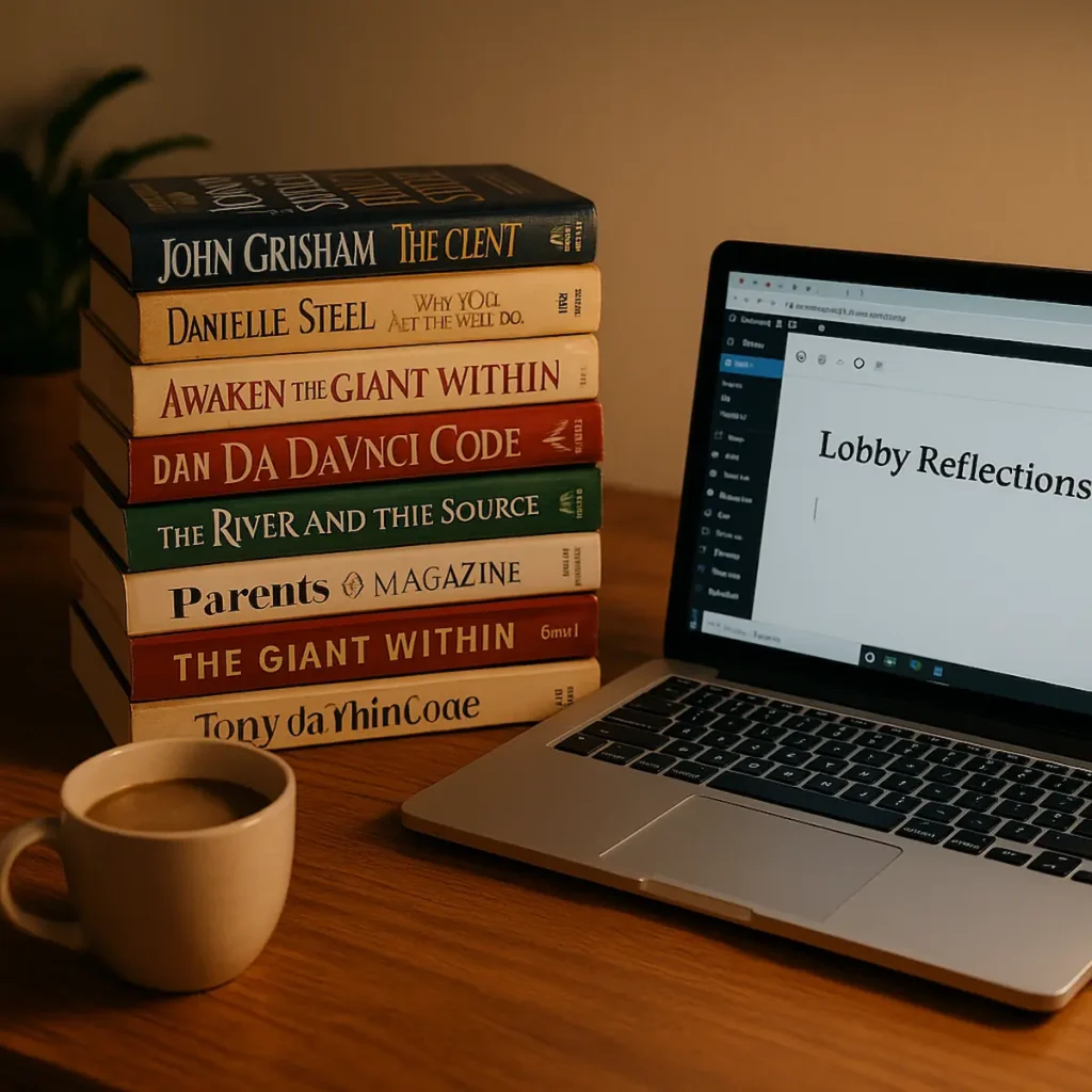 "My blogging journey workspace setup with inspirational books like Awaken the Giant Within, The Da Vinci Code, John Grisham novels, and Parents Magazine"