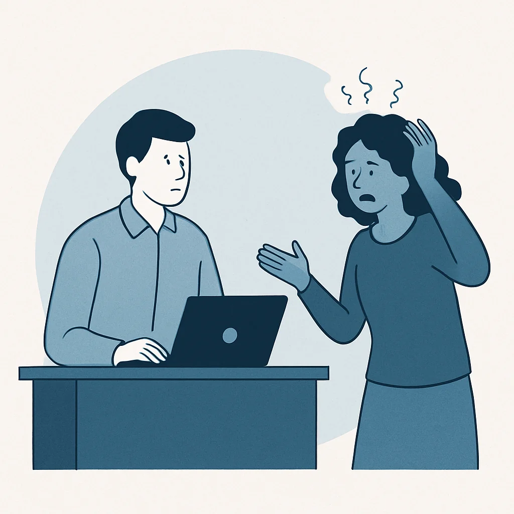 "Illustration of customer care worker handling unstable customers at front desk with calm background."