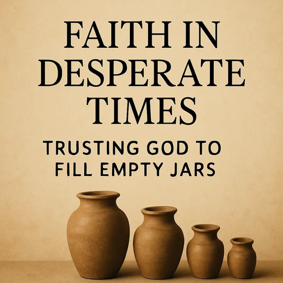 "Faith in Desperate Times: Trusting God to Fill Empty Jars" — an inspirational image with bold black typography on a parchment-textured background, featuring five empty brown clay jars of varying sizes lined up at the bottom.