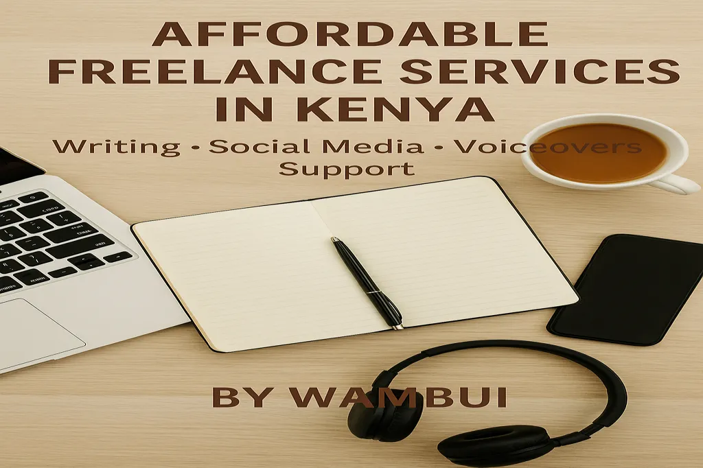 Affordable freelance services in Kenya – laptop, notebook, and tea setup for writing, social media, and customer support
