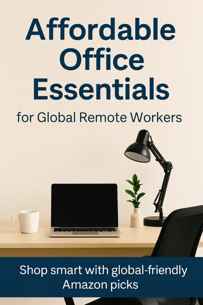 "Affordable office essentials in a minimalist remote work setup featuring a laptop, ergonomic chair, desk lamp, and natural lighting."