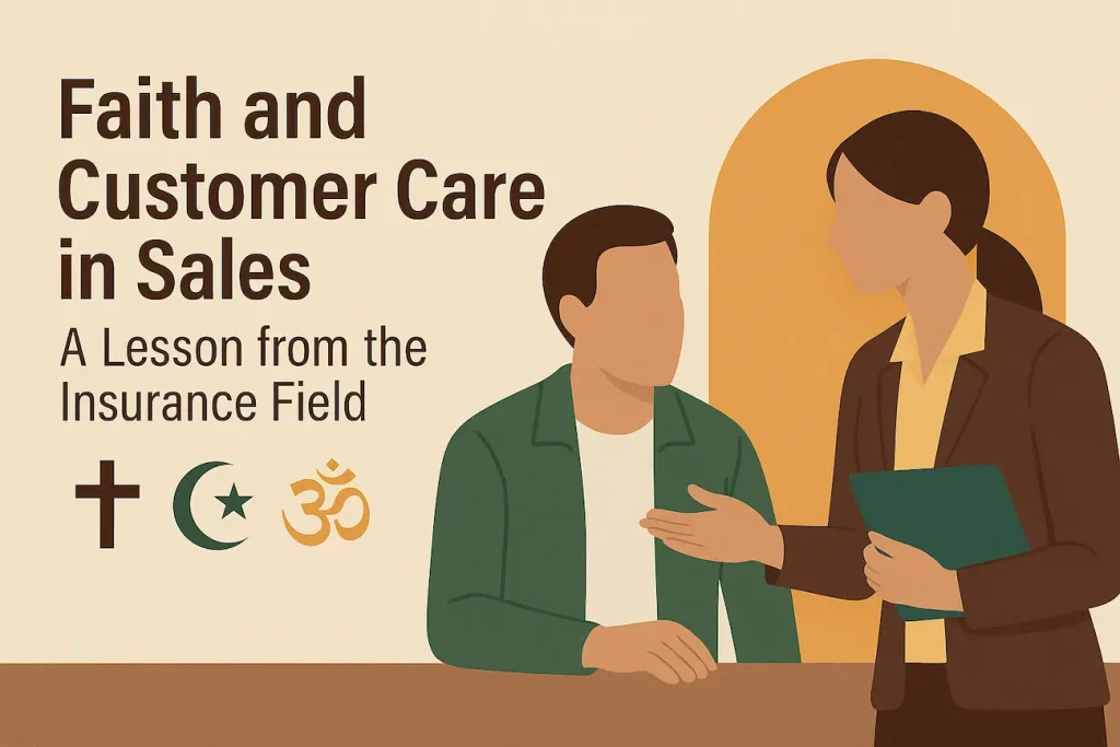"Illustration of a respectful sales conversation between two people, with symbols of Christianity, Islam, and Hinduism representing faith and diversity in customer care."