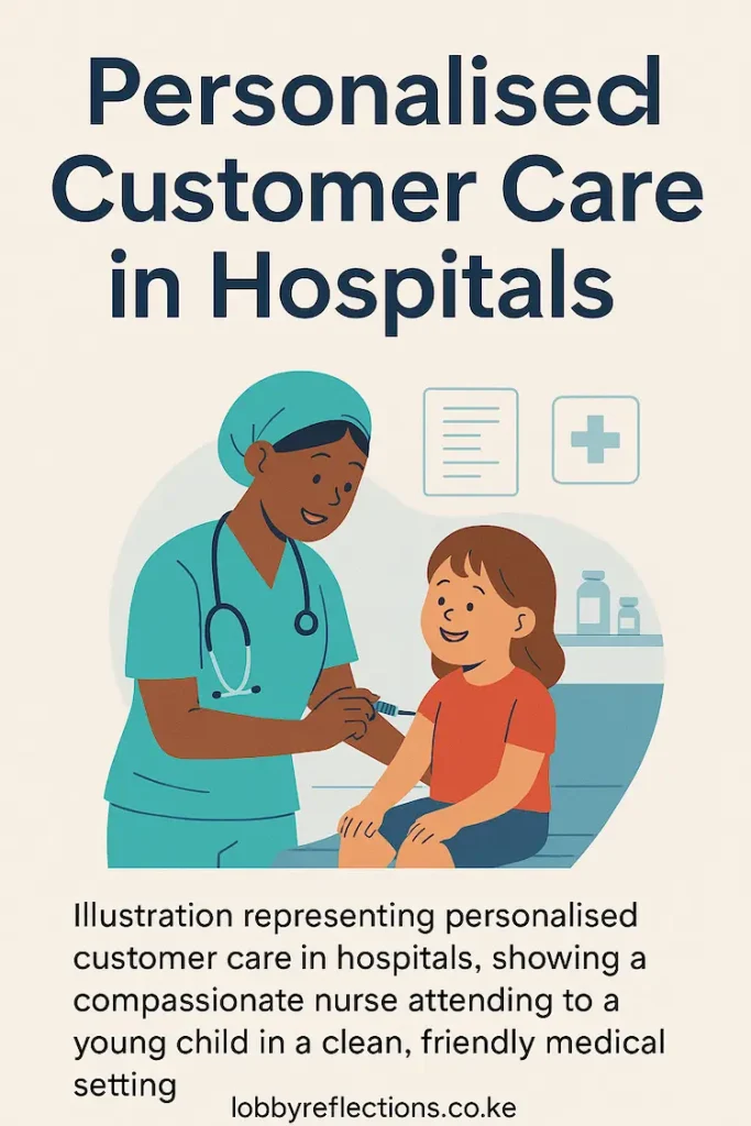 “Illustration representing personalised customer care in hospitals, showing a compassionate nurse attending to a young child in a clean, friendly medical setting.”