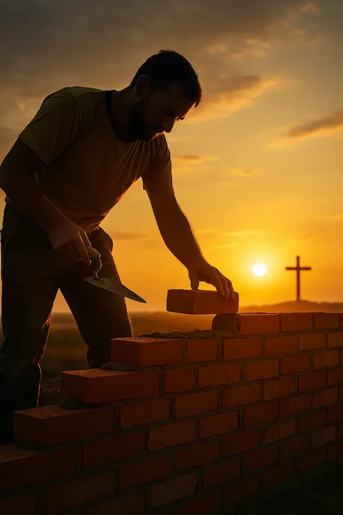 A construction worker laying bricks at sunrise with a cross in the background, symbolizing building faith and life using the gifts of the Spirit today.