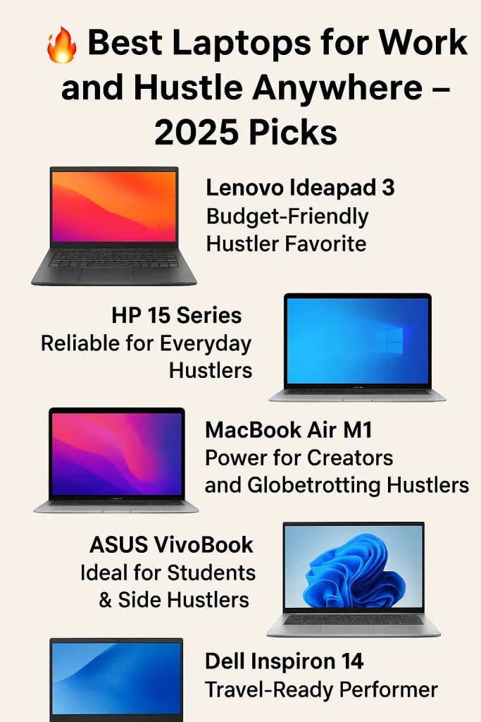 nfographic showcasing the best laptops for work and hustle in 2025, featuring Lenovo IdeaPad 3, HP 15 Series, MacBook Air M1, ASUS VivoBook, and Dell Inspiron 14 with descriptions highlighting affordability, performance, and mobility for remote professionals and digital hustlers.