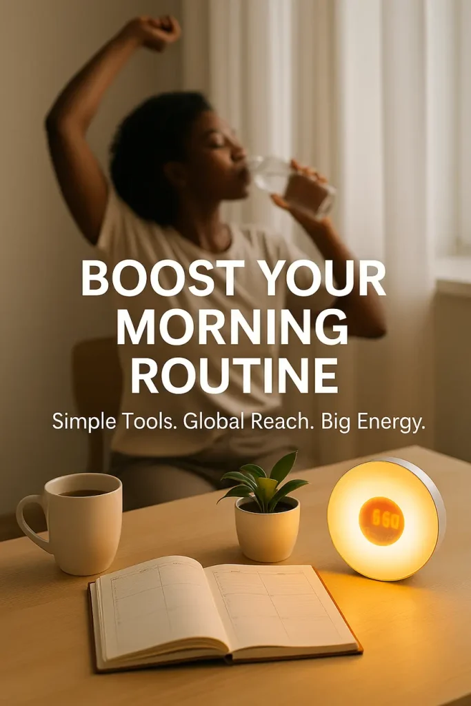 "A cozy morning setup with alarm clock, planner, coffee mug, and a woman stretching—representing a productive daily routine."