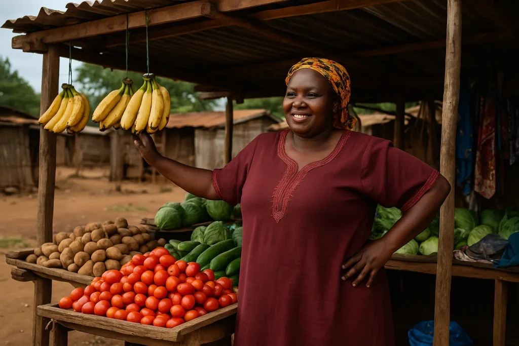 "A Kenyan woman entrepreneur standing confidently outside her small business, symbolizing the bumpy road to self-employment."
