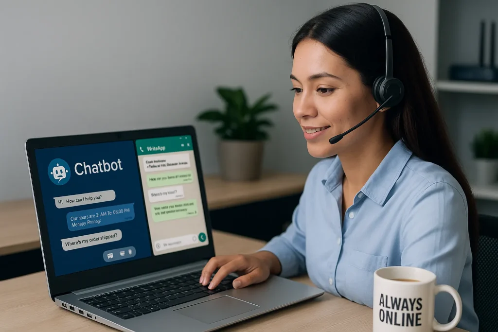 "AI-powered customer support agent assisting clients via chat interface in a modern call center"