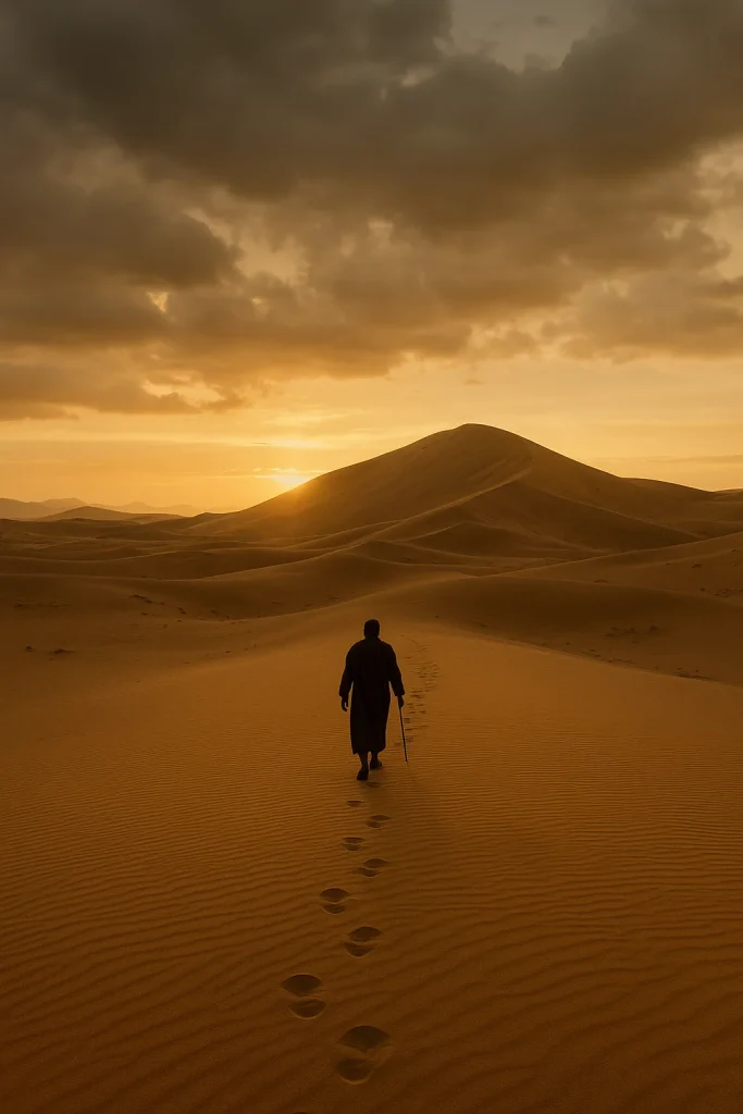 A solitary figure walks through a vast desert under a golden sky, symbolizing the lonely yet powerful journey of leadership.