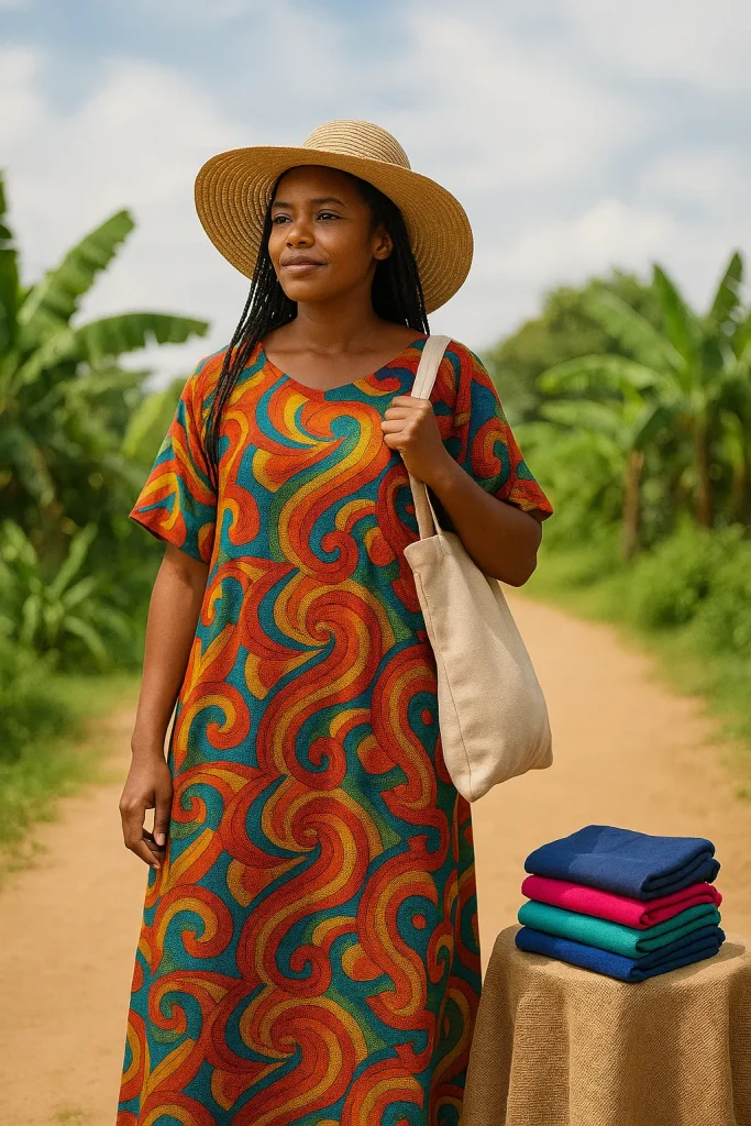Kenyan woman wearing a sunhat and free-size dera, standing confidently outdoors as a symbol of global hustle style and comfort.