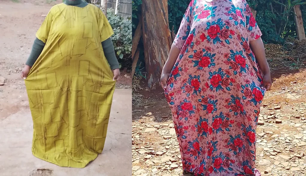 Two Kenyan deras—yellow and floral—displayed side by side
