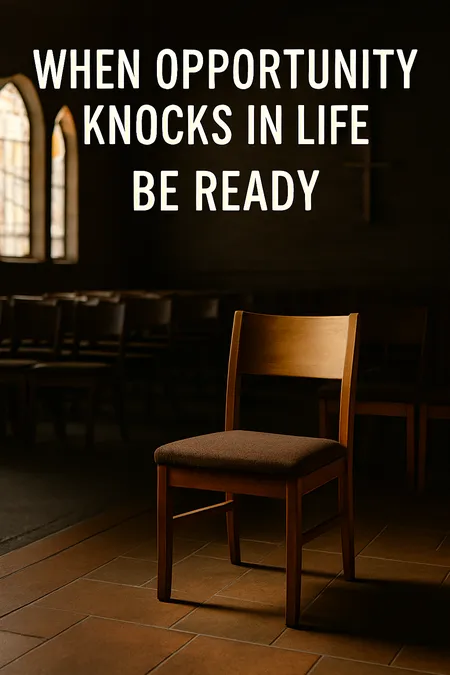 A quiet church interior with a single wooden chair in soft light, symbolizing readiness when opportunity knocks quietly in life.