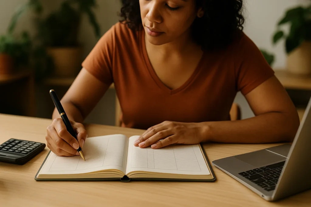 An African woman writing in a ledger book at a home business desk, with a calculator, coffee mug, and natural light creating a focused workspace.