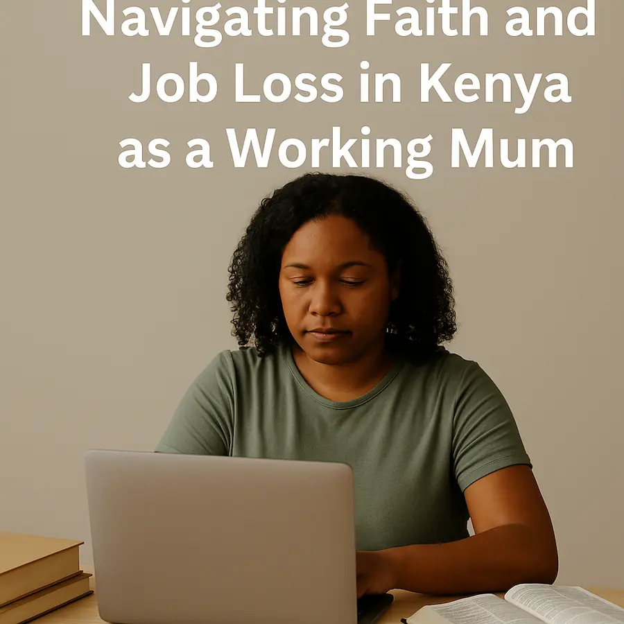“A reflective Black woman looking at het laptop, representing faith and job loss in Kenya, single motherhood, and starting over.”