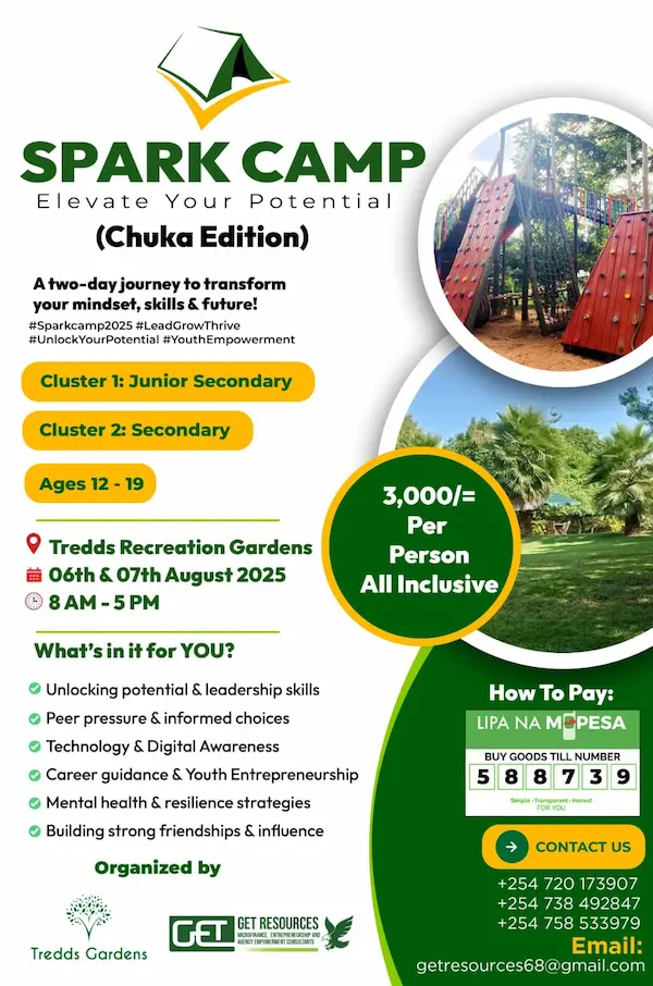 “Spark Camp Chuka 2025 official poster featuring event details for teens and parents focused on leadership, digital awareness, entrepreneurship, and mental health.”