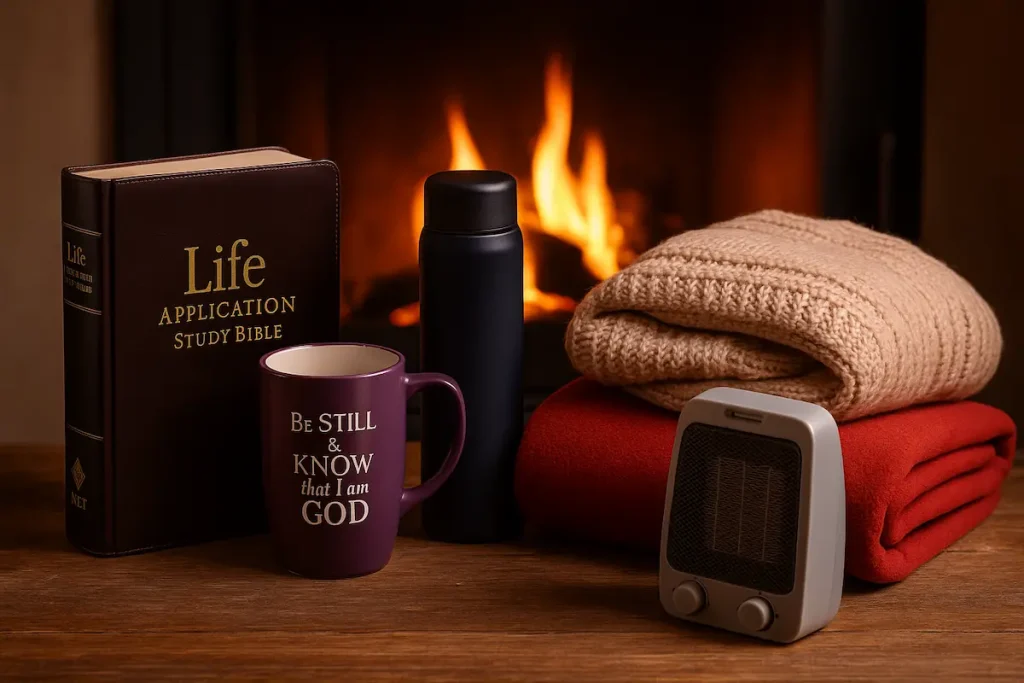 A cozy flat lay featuring a floral flask, soft brown throw blanket, pastel “Be Still” mug, compact heater, beige sweater, and devotional book, symbolizing warmth and comfort during cold seasons in Kenya.