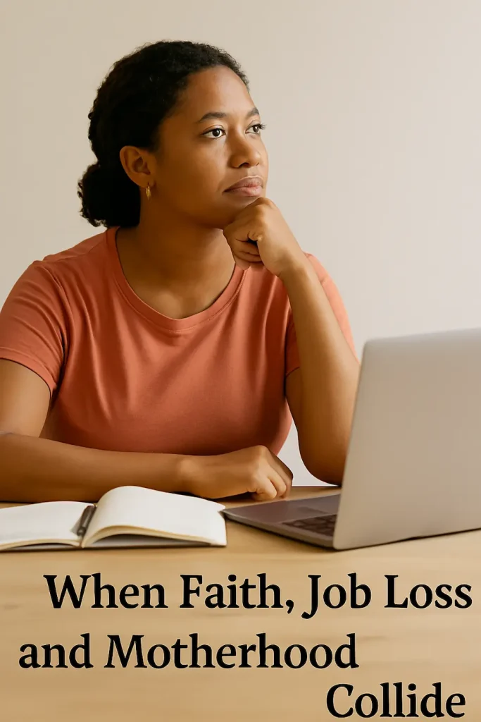 “A Black woman sits alone in her living room with a laptop and book, reflecting deeply—capturing the emotional weight of faith, job loss, and motherhood in Kenya.”