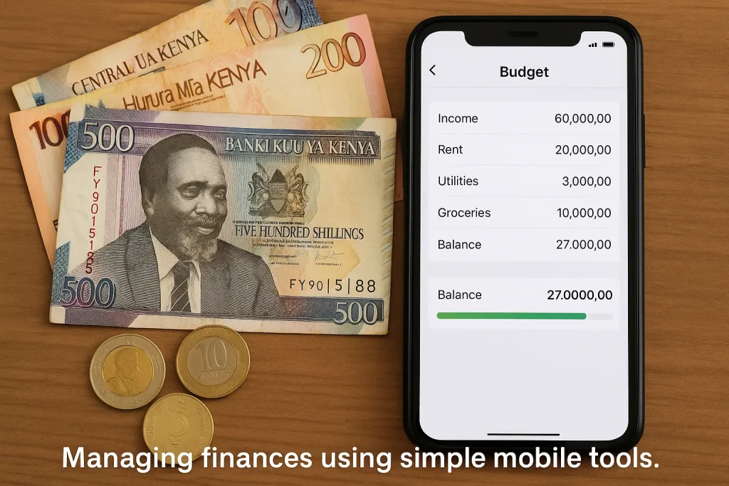 "Kenyan currency beside a mobile phone displaying a budgeting app, symbolizing simple business finance management."