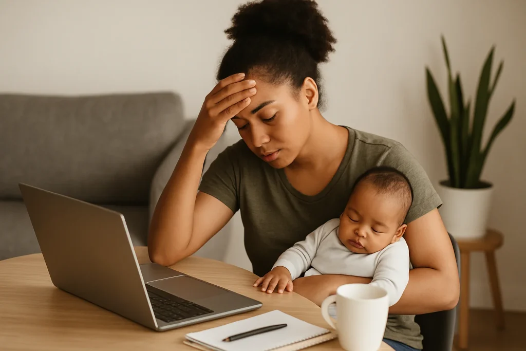 A young mother with a baby seemingly overwhelmed.
