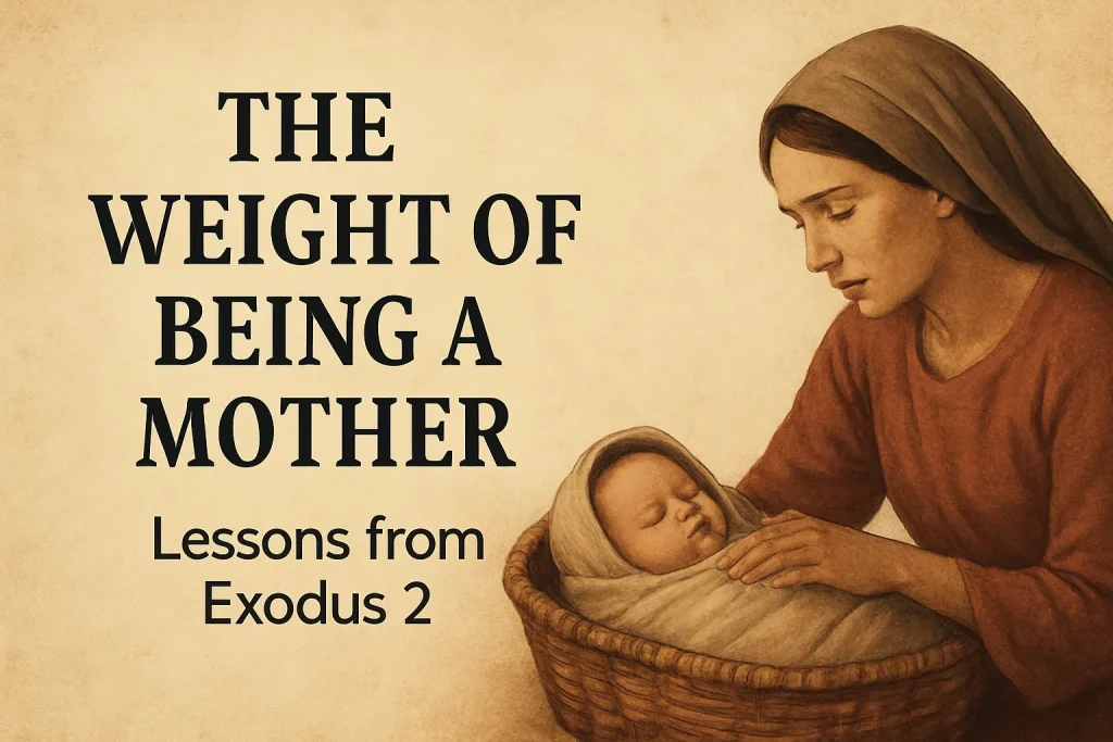 "A symbolic image of a mother placing a baby in a woven basket by the river, representing courage, faith, and the weight of motherhood from Exodus 2:1-4"