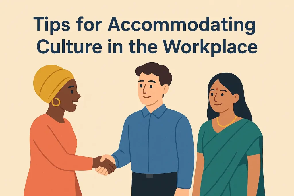 “Illustration of three culturally diverse colleagues smiling and shaking hands, symbolizing tips for accommodating culture in the workplace.”