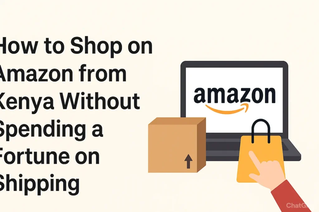 Illustration showing a laptop with the Amazon logo, a shipping box, and a shopping bag, symbolizing affordable Amazon shopping from Kenya.