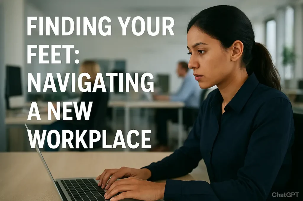 A professional office setting with a new employee sitting at a desk, looking thoughtful while adjusting to the workplace environment.