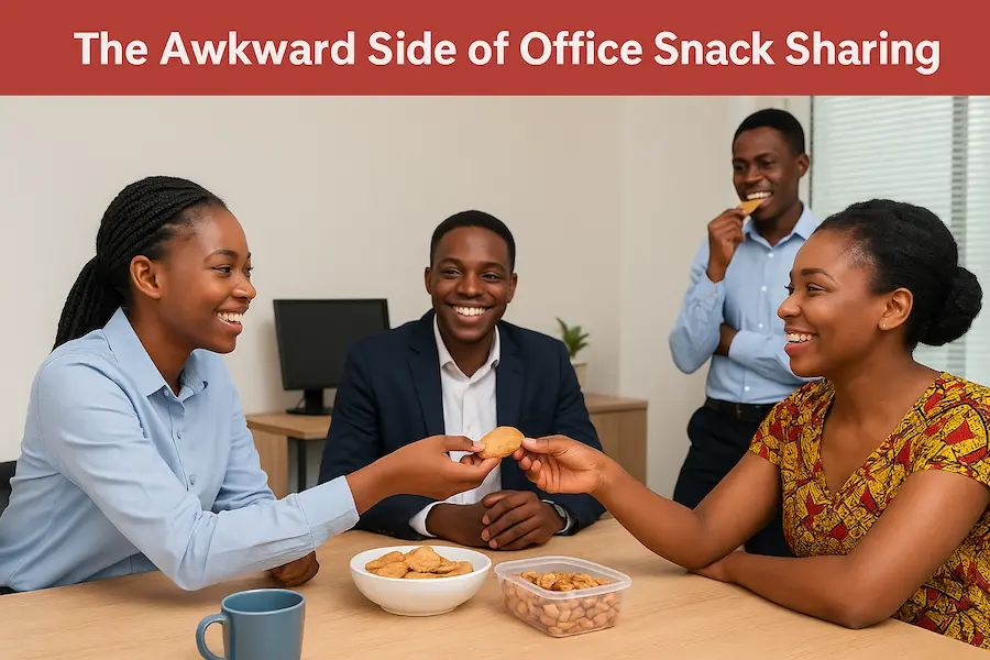 “Four African colleagues in an office sharing snacks around a table, smiling and bonding over biscuits and nuts during a break.”