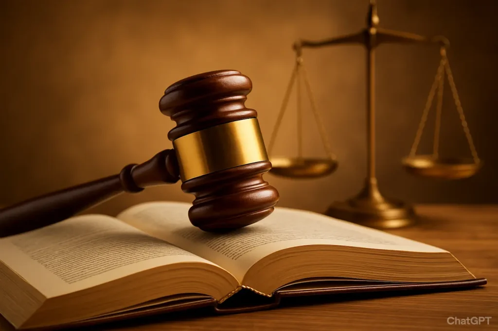 A wooden judge’s gavel resting on an open book with golden scales of justice in the background, symbolizing law and fairness.