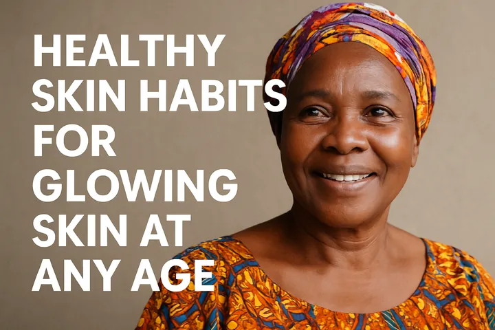 "Elderly African woman with healthy glowing skin, symbolizing simple healthy skin habits for timeless beauty."